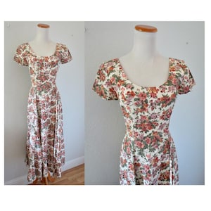 Vintage 90s Floral Midi Dress - Compagnie International Express 1990s Dress - Romantic Cottagecore Autumn Dress - Size Small
