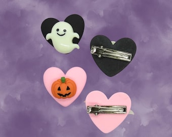 Halloween Hair Clips - Cute Heart & Ghost or Pumpkin Barrettes
