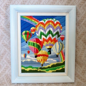 Vintage Hot Air Balloon Crewel Picture Framed Wall Hanging Colorful Rainbow Art 80s Home Decor image 2