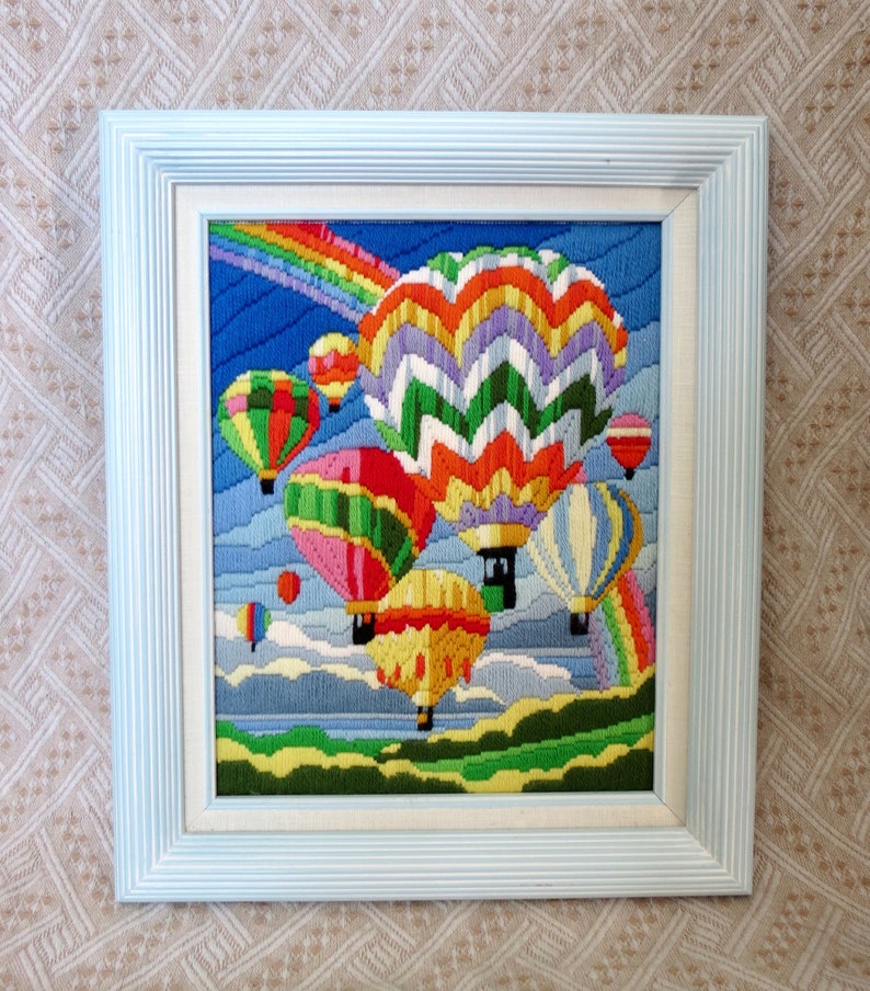 Vintage Hot Air Balloon Crewel Picture Framed Wall Hanging Colorful Rainbow Art 80s Home Decor image 2