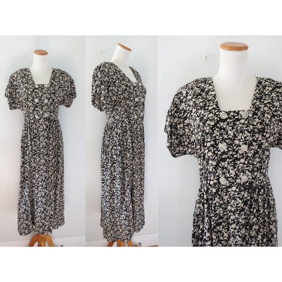 Vintage 90s Black Floral Dress Grunge Midi Dress … - image 1