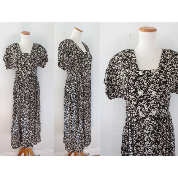 Vintage 90s Black Floral Dress Grunge Midi Dress by All That Jazz - Size Medium