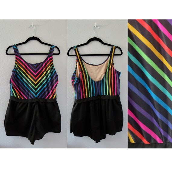 Vintage 80s Rainbow Bathing Suit Colorful Chevron… - image 1