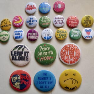 Vintage Style Pinback Buttons - 60s 70s 80s Novelty Pins - Reproduction ...
