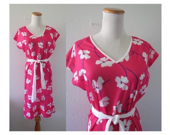 Vintage 80s Dress - Pink Floral Print Summer Midi - Size Medium