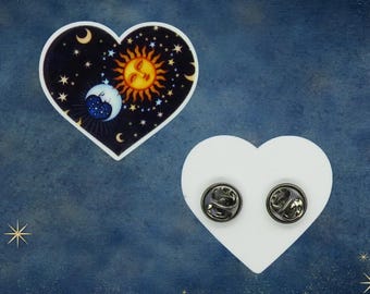 Sun Moon Stars Pin - Heart Shaped Celestial Brooch