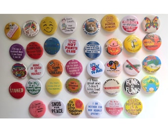 Vintage Style Pinback Buttons -  60s 70s 80s Misc. Novelty Pins - Reproduction Retro Pin Button - 1" 1.25" 2.25" - Made to Order