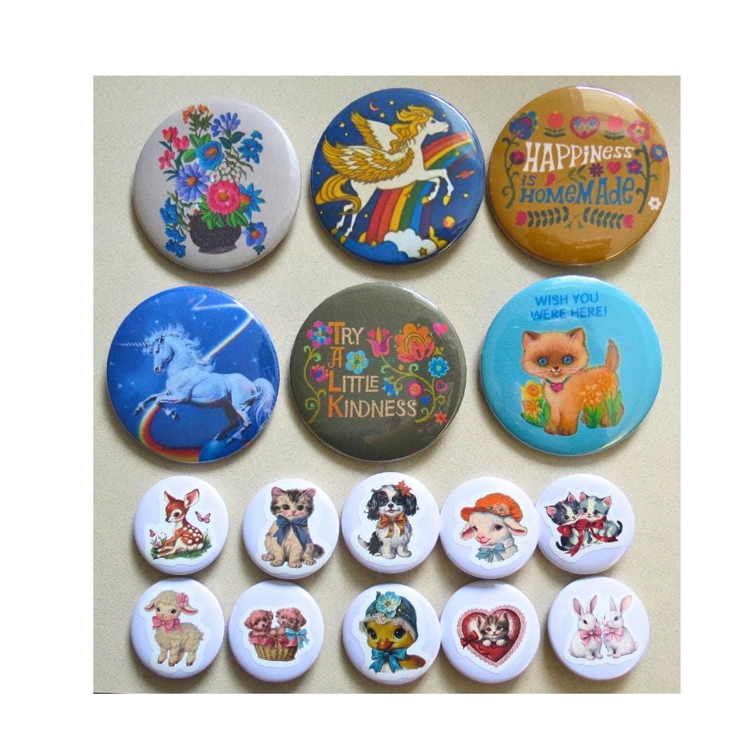 Vintage Style Pinback Buttons - 60s 70s 80s Novelty Pins - Reproduction ...