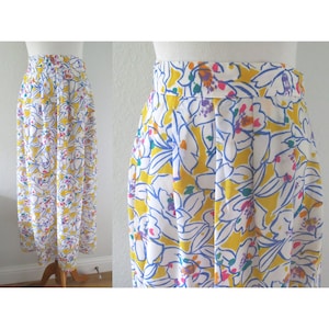 Vintage Midi Skirt Colorful Floral Yellow Rainbow High Waisted Pockets Size Large