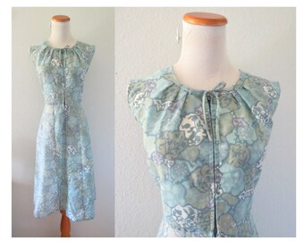 1950s Day Dress Watercolor Floral Print Sleeveless Midi Dress - Size Large