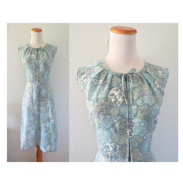 1950s Day Dress Watercolor Floral Print Sleeveless Midi Dress - Size Large