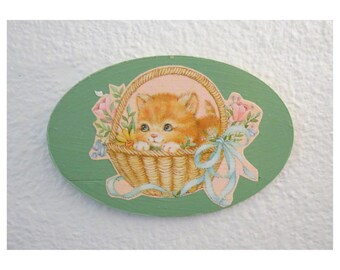 Vintage Kitten Wall Hanging - Retro Inspired Orange Tabby Cat Wood Plaque