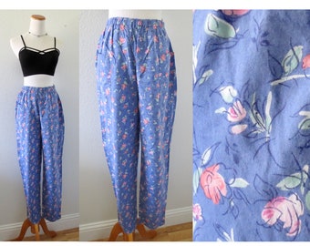 Vintage Laura Ashley Floral Pants - High Waisted Flower Print Lightweight Trousers - Spring Summer Pant - Size Medium