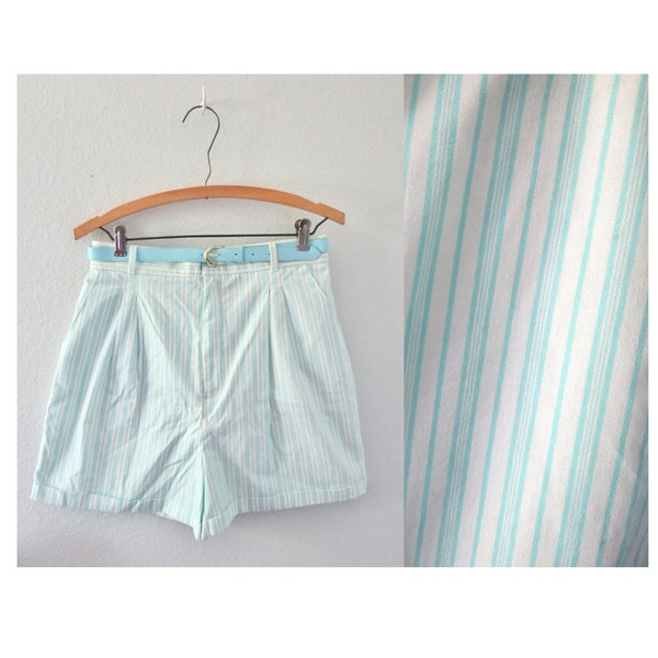 Vintage Pastel Striped Shorts 80s High Waisted Stripe Short with Belt Size Medium M