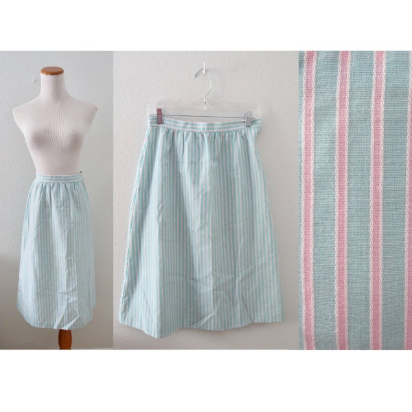 Vintage Pastel Midi Skirt - High Waisted Striped A-line - Green Pink Spring Skirt - Size Small