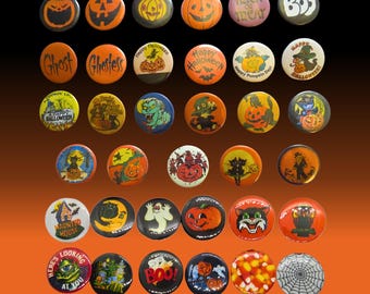 May include: A collection of thirty-six circular pin-back buttons featuring various Halloween-themed illustrations including jack-o'-lanterns, ghosts, black cats, candy corn, spider webs, and text such as Boo, Ghost, and Happy Halloween.