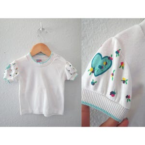 Vintage Baby Girl Top - White Puff Sleeve Shirt with Heart and Floral Print - Size 12 Months