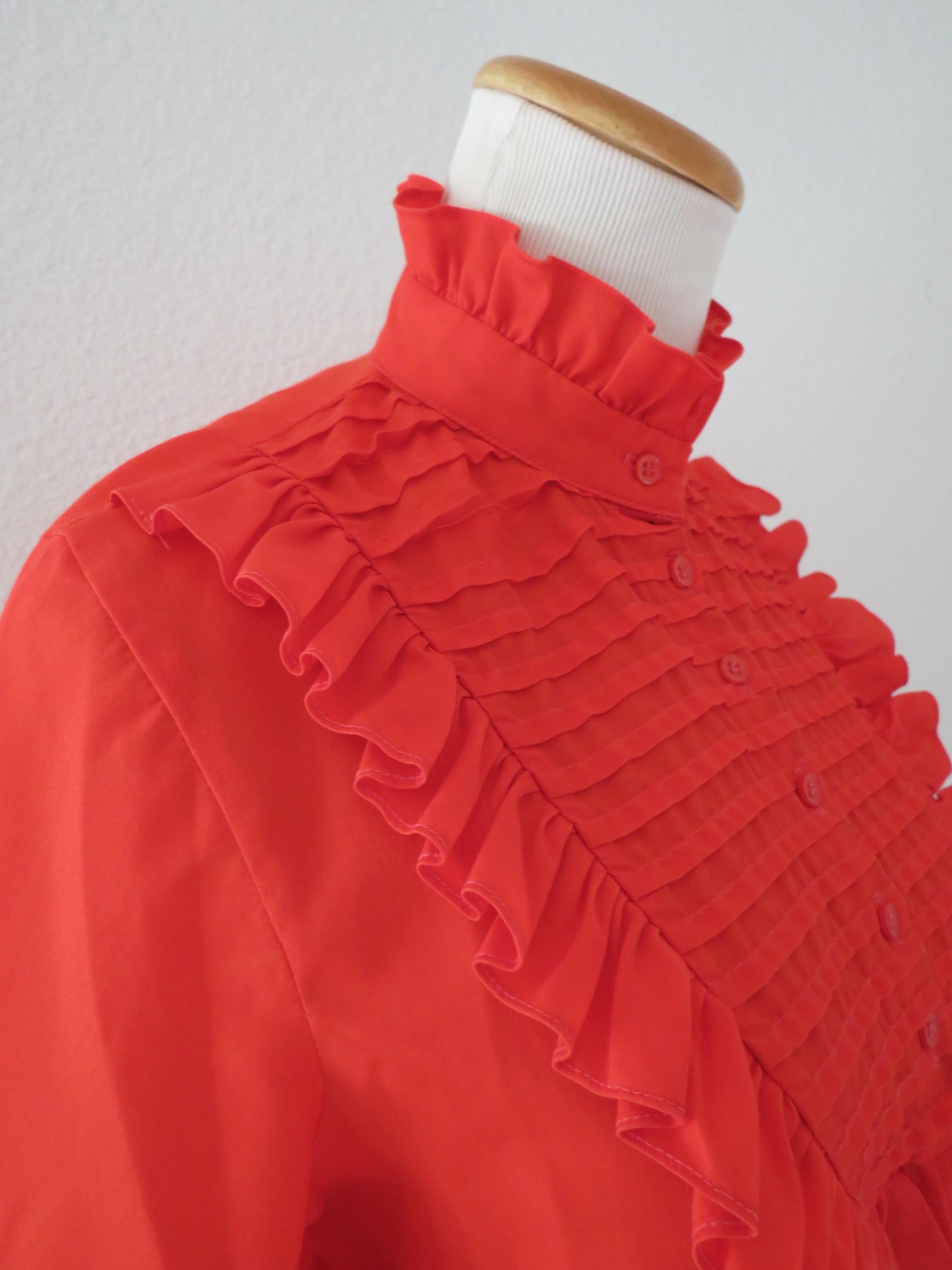 Vintage 80s Blouse - Women's Red Ruffle Long Sleeve Top - Size Medium ...