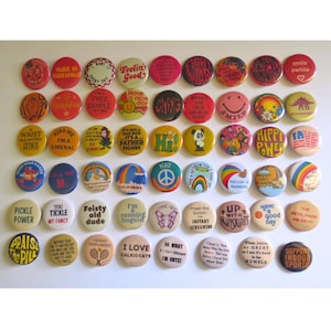 Vintage Style Pinback Buttons -  60s 70s 80s Misc. Novelty Pins - You Choose - Reproduction Retro Pin Button - 1&quot; & 1.25&quot; - Made to Order