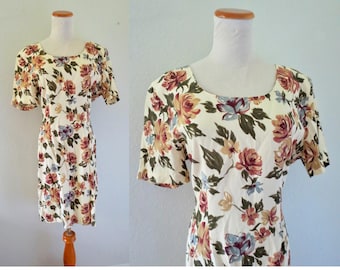 Vintage 90s Floral Mini Dress - 1990s Flower Print Short Sleeve Casual Outfit - Size Large