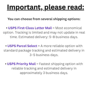 May include: White background with black text that reads "Important, please read:". The text describes shipping options: USPS First-Class Letter Mail, USPS Parcel Select, and USPS Priority Mail. Each option includes estimated delivery times.