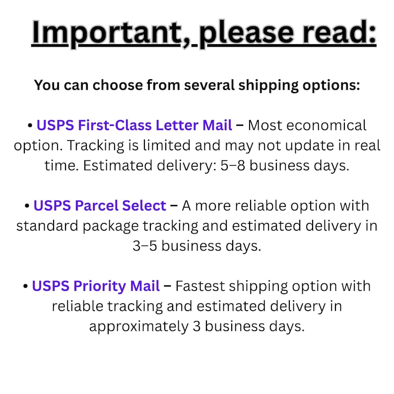 May include: White background with black text that reads "Important, please read:". The text describes shipping options: USPS First-Class Letter Mail, USPS Parcel Select, and USPS Priority Mail. Each option includes estimated delivery times.