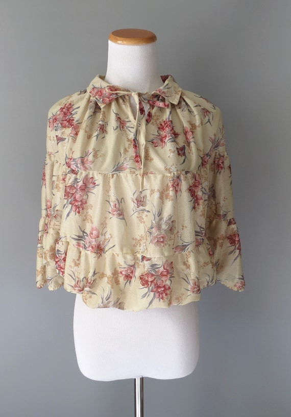 70s Floral Blouse Hippie Boho Cropped Summer Top - image 2