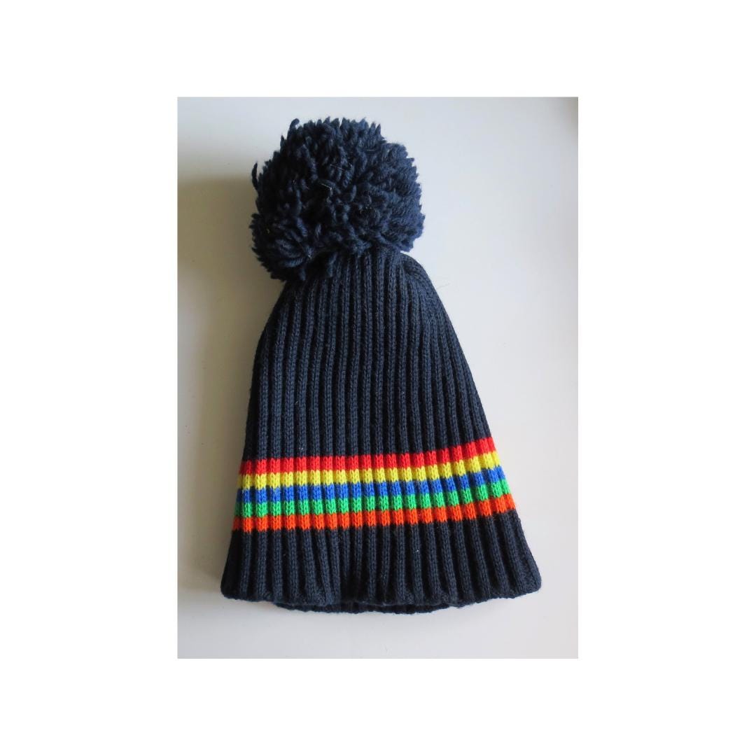 Vintage Rainbow Beanie - Retro 80s Wool Knit Winter Hat With 