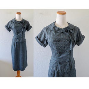 Vintage 40s Skirt Suit - Cotton Short Sleeve Bow Blouse with Matching High Waisted Midi Skirt - Size XS