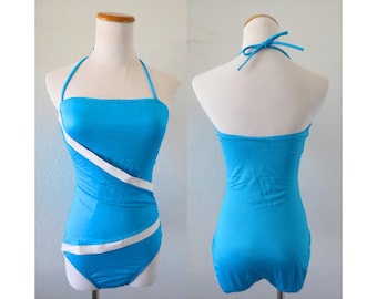 Vintage Bathing Suit - Women's 80s Blue Retro One Piece Swimsuit - Size Medium