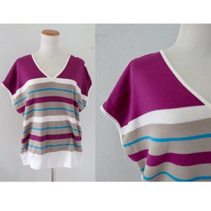 Vintage 80s Colorblock Striped Dolman Blouse 80s Colorful Stripe Top Size XL