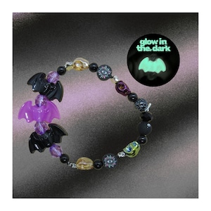 Halloween Bracelet - Bat Glow in the Dark - Goth Beaded Stretch Bracelet
