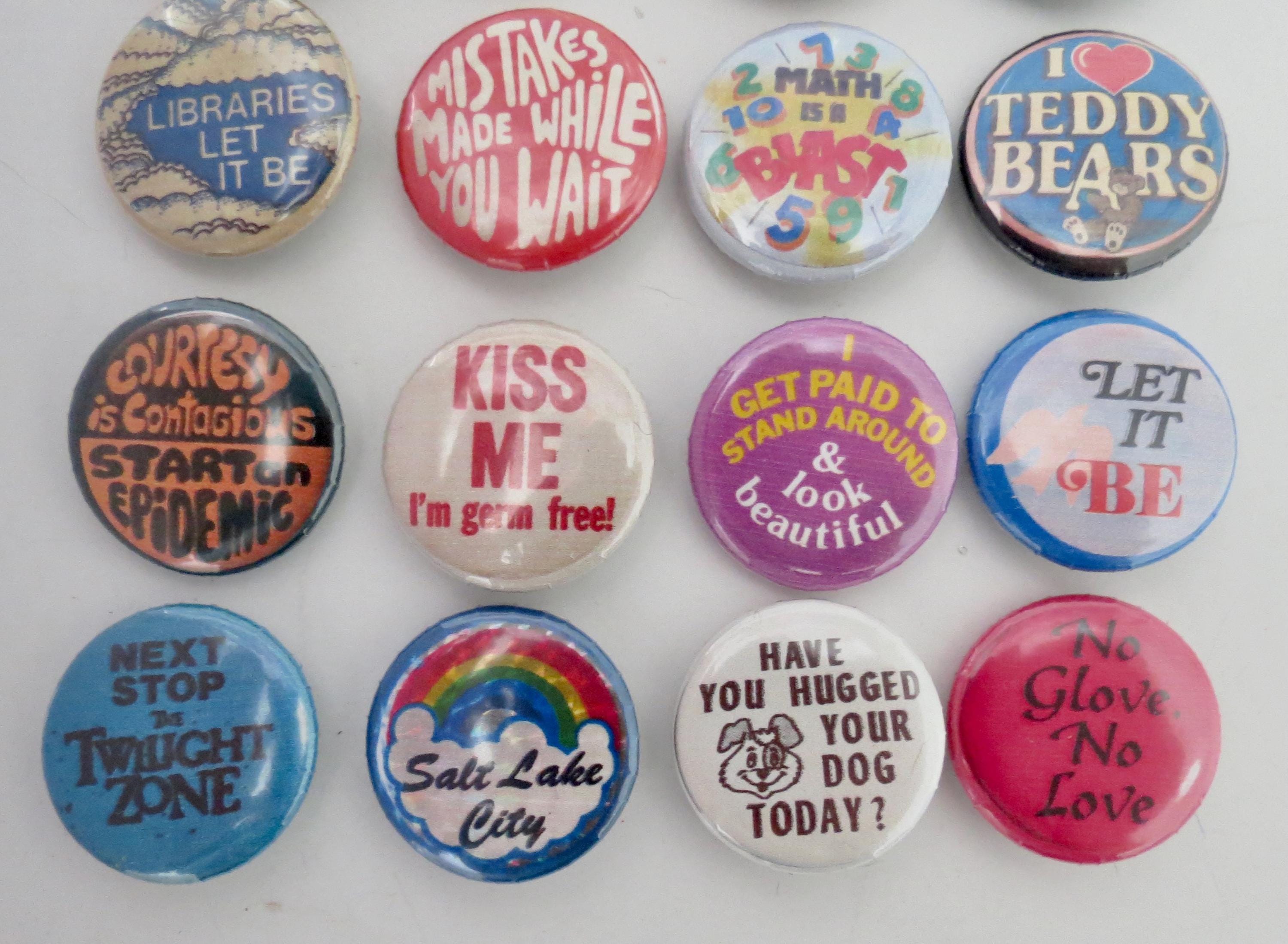 Vintage Style Pinback Buttons - 60s 70s 80s Misc. Novelty Pins