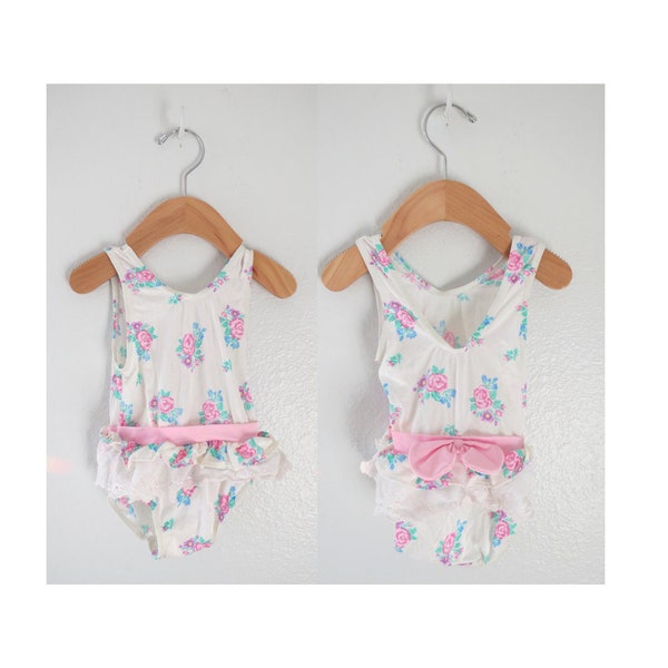 Vintage Girls Swimsuit - Toddler Girl One Piece Floral Bathing Suit - Size 2T