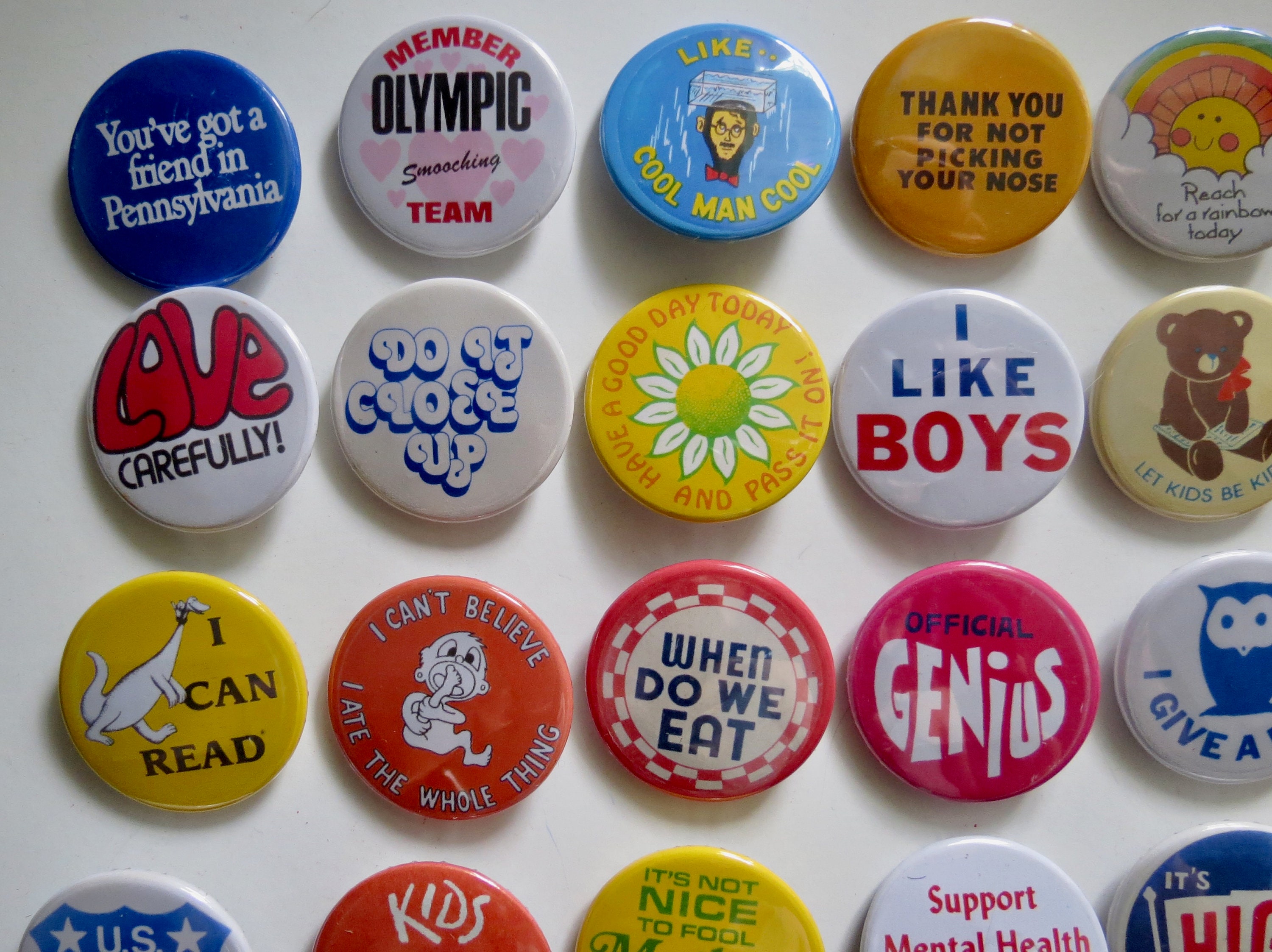 Vintage Style Pinback Buttons - 60s 70s 80s Novelty Pins