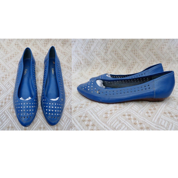 Vintage Blue Leather Flats - 80s Colorful Pointed Toe Wedge Heels - Size 8.5