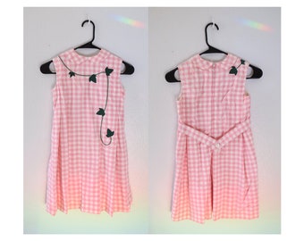 Girls Vintage Dress - Pink Gingham Sleeveless Dress - 60s 1960s Cotton Sundress - Size Medium Large