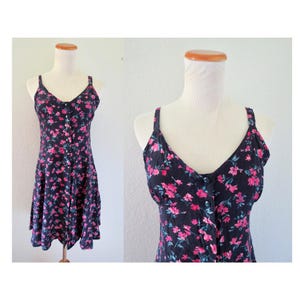 Vintage Floral Mini Dress - 90s Blue & Pink Flower Print - Summer Sleeveless Sundress  by Express - Button Up Front - Size Small