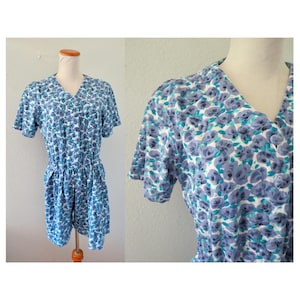 Vintage 90s Floral Romper - Blue Flower Print Cotton Short Sleeve Playsuit - Size Large