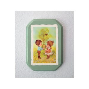 Vintage Inspired 70s Wall Hanging - Retro Hippie Children Artwork Wood Plaque Decor Decoupage Art