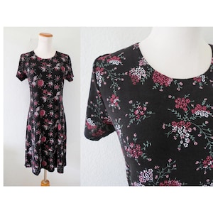 Vintage 90s Floral Mini Dress - Black Flower Print Stretchy Sundress - Size Medium