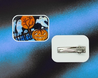 Halloween Hair Clip - Vintage Style Spooky Ghosts & Pumpkins Graveyard Barrette