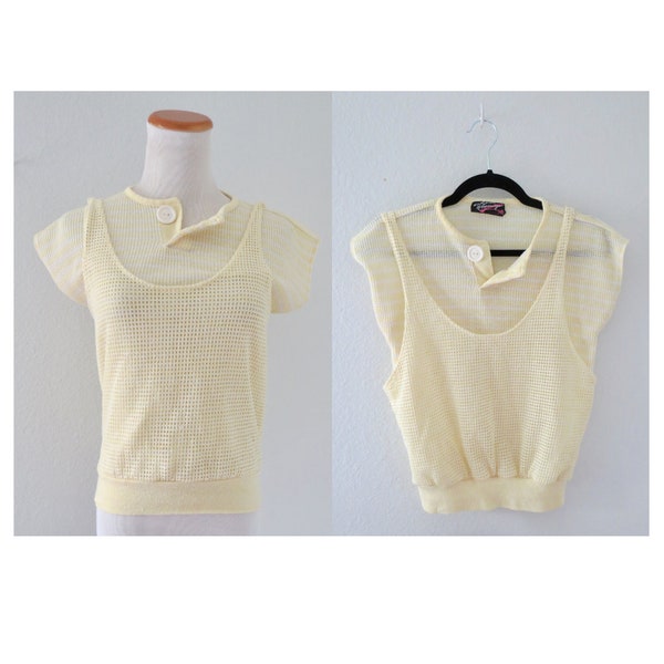 Vintage 80s Dolman Blouse Athletic Aerobics Work Out Exercise Top Pastel Yellow Knit Size Small S
