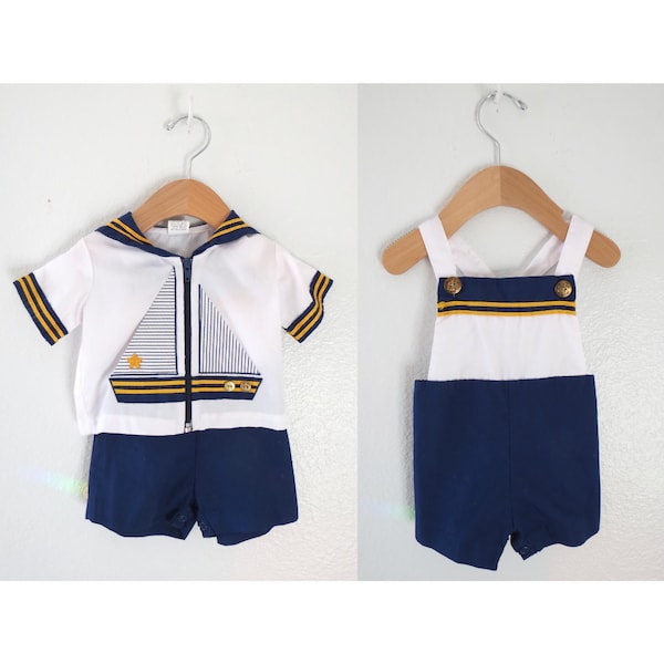 Vintage Boys Sailor Romper Outfit Set - Toddler Boy Nautical Summer Play Clothing - Size 18 Months