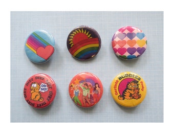 Vintage Pinback Button - 80s Sticker Album Designs - Cute Retro Reproduction Mini Brooch Pin