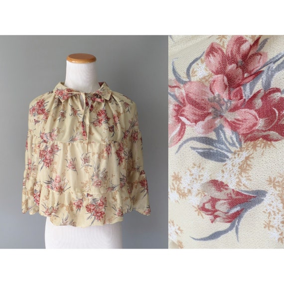 70s Floral Blouse Hippie Boho Cropped Summer Top - image 1