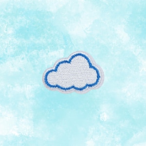 May include: A white cloud-shaped patch with a blue outline. The patch is embroidered with a textured appearance, set against a light blue watercolor background. This patch is suitable for clothing or accessories.