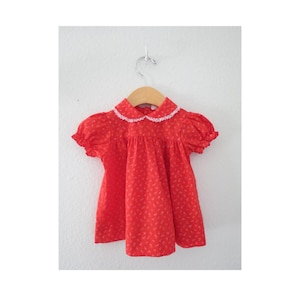Vintage Baby Girl Dress - Red Floral Print Short Sleeve Collared Outfit - Size 6 9 Months