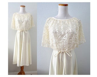 Vintage 70s Lace Dress Cream Hippie Boho Wedding Formal Flutter Sleeve Midi - Size Small
