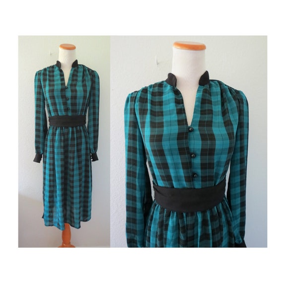 Plaid Secretary Dress Teal Black 80s Office Dark … - image 1